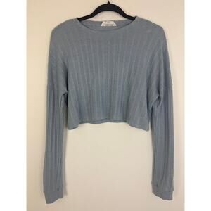 Double Zero Womens Round Neck Long Sleeve Cropped Soft Light Blue Top Small
